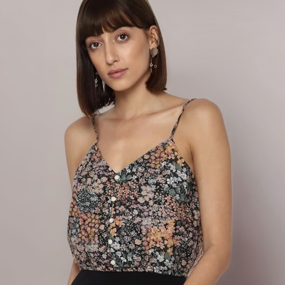 American Eagle floral print cotton linen crop tank top